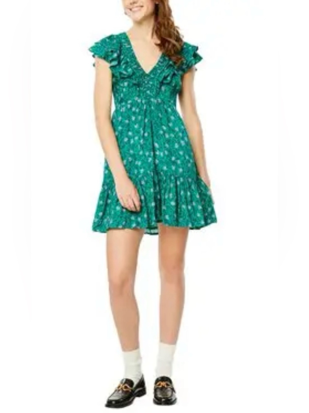 Roller Rabbit Cerro Ondika Green + Pink Ruffle Mini Dress, Medium